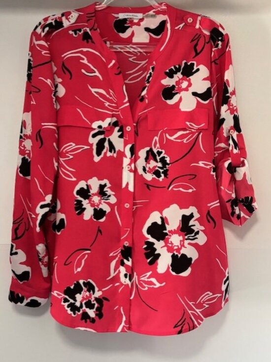 Calvin Klein Tops - Calvin Klein Womens XL Pink Floral Roll Tab Sleeve Shoulder Button Front Dressy
